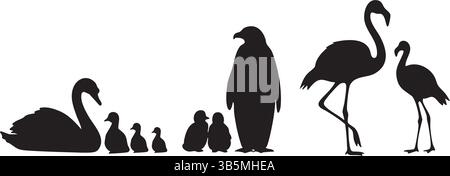 Collezione di disegni Vector con silhouette per la famiglia degli uccelli: Cigno, anatra, pinguino, clip per illustrazioni di fenicotteri Illustrazione Vettoriale