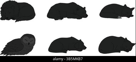 Sagome di animali addormentati illustrazione vettoriale per l'arte murale dei bambini e disegno grafico educativo Illustrazione Vettoriale