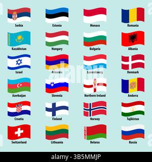 Serie di bandiere ondulate dei paesi europei su uno sfondo luminoso Illustrazione Vettoriale