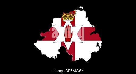 Irlanda del Nord Ulster Banner. Mappa con bandiera su di esso isolato su sfondo nero 3D illustrazione Foto Stock