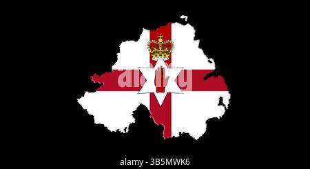 Irlanda del Nord Ulster Banner. Mappa con bandiera su di esso isolato su sfondo nero 3D illustrazione Foto Stock