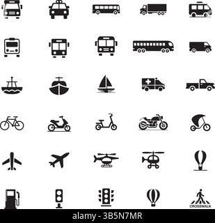 Set di icone minimaliste per il trasporto in bianco e nero o 30 simboli di viaggio e veicolo vettoriale puliti Illustrazione Vettoriale