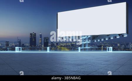 Lavagna bianca che illumina la notte sul moderno tetto dell'edificio con vista dello skyline della città. Rendering 3D. Foto Stock