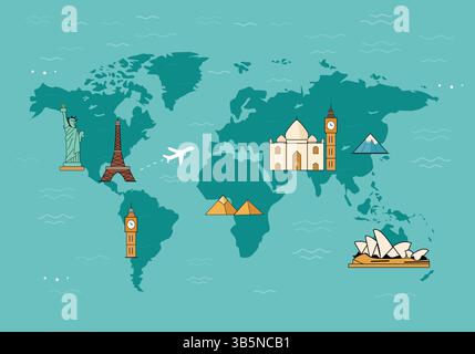 Vettoriale delle mappe mondiali con i famosi punti di riferimento globali – illustrazione di viaggio piatta Illustrazione Vettoriale