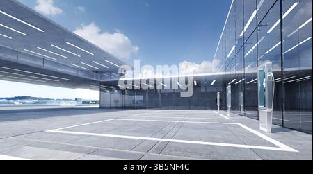 Le futuristiche stazioni di ricarica ev sono pronte in un elegante e moderno complesso di uffici, che simboleggia l'energia verde e i trasporti sostenibili. Rendering 3D. Foto Stock