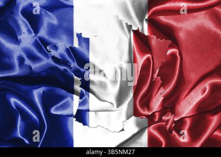 Bandiera nazionale della Francia sventolare nel vento con francese sulla mappa 3D illustrazione Foto Stock