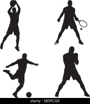 Silhouette sportive: Pallacanestro, tennis, calcio e pugilato - illustrazione vettoriale Illustrazione Vettoriale