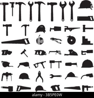 Sagome degli strumenti: Set di icone per la costruzione e gli attrezzi manuali - illustrazione vettoriale Illustrazione Vettoriale