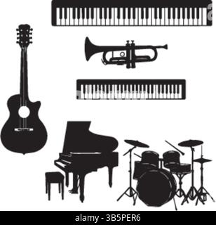 Sagome degli strumenti: Chitarra acustica, tromba, violino, pianoforte, tamburi e tastiere - illustrazione vettoriale Illustrazione Vettoriale