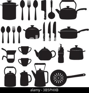 Sagome della cucina: Set di icone utensili, utensili da cucina e utensili - illustrazione vettoriale in bianco e nero Illustrazione Vettoriale
