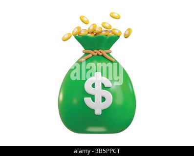 Borsa portamonete con l'icona delle monete d'oro 3d, concetto di illustrazione dell'icona della borsa del dollaro d'oro finanziario Illustrazione Vettoriale
