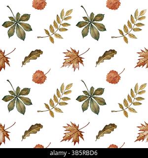 Motivo senza cuciture con diverse foglie autunnali. Illustrazione ad acquerello fatta a mano. Immagine a colori. Ideale per imballaggi, decorazioni, tessuti e carta da parati Foto Stock