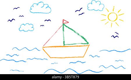 Simpatico vettore infantile che raffigura una barca a vela in mare, disegnata con una consistenza di cera color carbone su bianco. Arte in stile bambino con uccelli, sole e onde Illustrazione Vettoriale