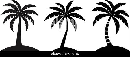 Set vettoriale per le sagome di palme: Spiaggia tropicale elementi naturali, scogliera di alberi di cocco Illustrazione Vettoriale