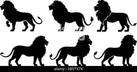 Lion silhouette Set vettoriale: Disegni modificabili neri dei leoni in piedi Illustrazione Vettoriale