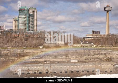 Cascate del Niagara Ontario canadese e New York al confine con gli Stati Uniti, lo skyline di Niagara Falls Canada ha preso il lato statunitense Foto Stock