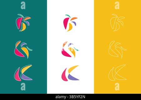 Lettera K modello di spazio negativo astratto Logo identità del marchio concetto di colori tropicali Illustrazione Vettoriale