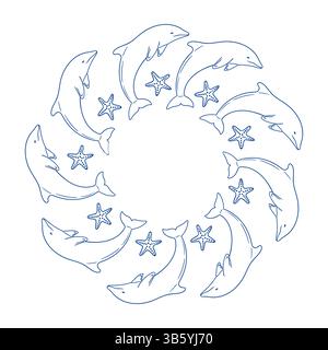 Fantasia circolare creativa con granchi e conchiglie in blu su sfondo bianco Illustrazione Vettoriale