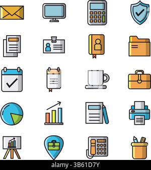 Set di icone di Office: Raccolta di strumenti per l'ambiente di lavoro, l'azienda e la produttività Illustrazione Vettoriale