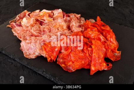 Selezione di taglieri spagnoli a fette sottili di carne di maiale Duroc Foto Stock
