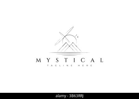 Letter M Abstract Landscape Night View Mountain e Orbital Eclipse Illustration Logo Sacred Geometry Illustrazione Vettoriale