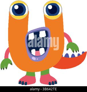 Divertente illustrazione vettoriale di un mostro a forma di lettera U, caratterizzato da colori vivaci ed elementi di design stravaganti Illustrazione Vettoriale
