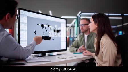 Gli ingegneri automobilistici innovativi sviluppano la tecnologia dei veicoli elettrici negli uffici di fabbrica Foto Stock