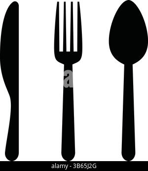 Set di icone posate in bianco e nero: Coltello, forchetta e cucchiaio Illustrazione Vettoriale