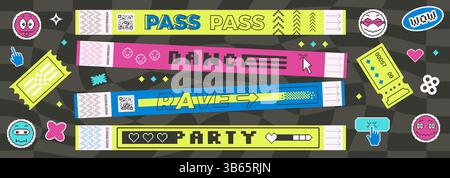Set di adesivi retro pixel y2k e biglietti per braccialetti manuali. Festival musicale, feste, braccialetti da concerto e volti sorridenti toppe in stile retrò. Pap Illustrazione Vettoriale