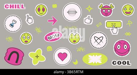 Set di forme di adesivi retrò. Il festival musicale è caratterizzato da uno stile futuristico. Carta per francobolli y2k ed etichette pixel art. Volti sorridenti, mani, arco e geome Illustrazione Vettoriale