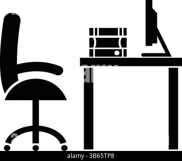 Scrivania da ufficio in bianco e nero con sedia, computer e libri Illustrazione Vettoriale