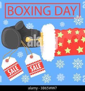Vendita di boxe vettoriale. Babbo Natale con guanto da boxe nero su sfondo blu con fiocchi di neve. Simbolo del giorno di Santo Stefano. Offerta invernale in vendita. Illustrazione Vettoriale