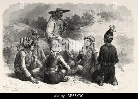 Famiglia di nativi, provincia di Sakon Nakhon, Thailandia nord-orientale, penisola dell'Indocina. Sud-est asiatico. Disegno di Emile Bayard (1837-1891) viaggio esplorativo in Indocina di Francis Garnier (1839 - 1873) le Tour du Monde 1872 Foto Stock