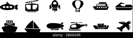 Set di icone del trasporto aereo e dell'acqua - sottomarino, razzo, mongolfiera e molto altro ancora Illustrazione Vettoriale