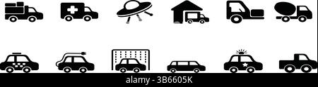 Set completo di icone di trasporto - sagome di veicoli terrestri con UFO e auto di emergenza Illustrazione Vettoriale