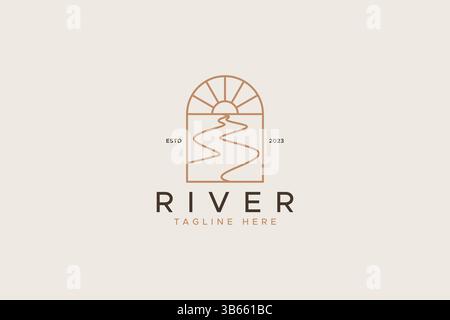 Logo Abstract River e Sunset Boho Style Linear Vintage Sign Symbol Illustrazione Vettoriale