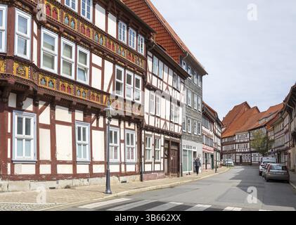 Storiche case in legno a Apothekenstrasse, Duderstadt, bassa Sassonia, Germania, Europa Foto Stock