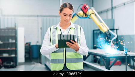 Ingegnere, tablet e donna con braccio robotico per saldatura, macchine ai e produzione in fabbrica. High tech, automazione e lavoratore con la produzione Foto Stock