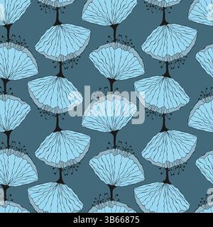 Motivo Blue Flowers, disegna a mano fiori su sfondo blu scuro. Illustrazione vettoriale Illustrazione Vettoriale