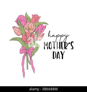 Biglietto d'auguri per la festa della mamma con un bellissimo bouquet di fiori di tulipani rosa Illustrazione Vettoriale