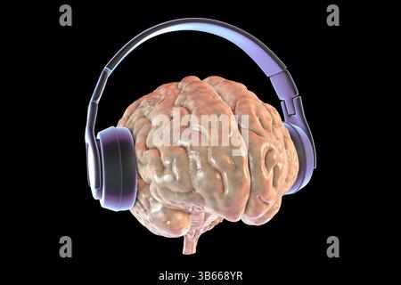 Illustrazione di un cervello umano che indossa le cuffie, simboleggia la musica, la percezione del suono, la stimolazione cognitiva, la creatività, e attività neurale. Foto Stock