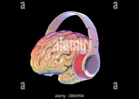 Illustrazione di un cervello umano che indossa le cuffie, simboleggia la musica, la percezione del suono, la stimolazione cognitiva, la creatività, e attività neurale. Foto Stock
