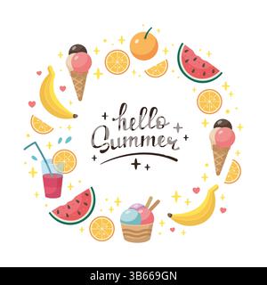 Dolci estivi, frutta, cornice rotonda, spazio copia, modello. Cornice circolare per picnic Doodle Summer Beach. Frutta estiva, gelati, succhi di frutta. Illustrazione vettoriale cartoni animati. Design piatto. Illustrazione Vettoriale