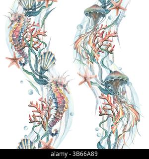 Meduse, cavalluccio marino, conchiglie, alghe, stelle marine, coralli, spugne di mare e ciottoli, bolle. Illustrazione acquerello marino del mondo sottomarino Foto Stock