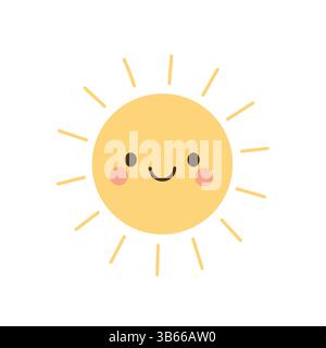 Sole giallo brillante con un viso allegro e raggi radiosi, perfetto per le icone del sole, le grafiche climatiche per i bambini e l'arredamento a tema estivo Illustrazione Vettoriale