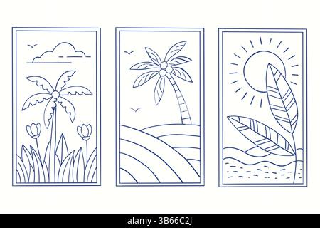 Incorniciato-illustrazione-trpoica-paesaggio ogni pannello presenta palme, uccelli, onde e il sole, tutti disegnati in uno stile minimalista ed elegante. Illustrazione Vettoriale