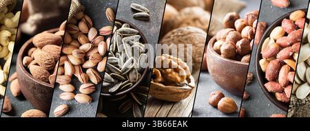 Noci miste, collage di noci varie, nocciole, noci, anacardi, mandorla, semi di girasole, pistacchio, frutta secca cibo sano noce Foto Stock