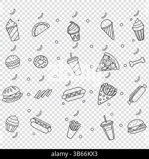 Modello senza cuciture di articoli Fast Food con contorno su sfondo trasparente Illustrazione Vettoriale