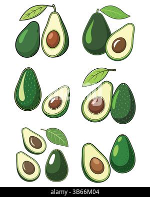 Collezione di colorate illustrazioni Avocado disegnate a mano Illustrazione Vettoriale