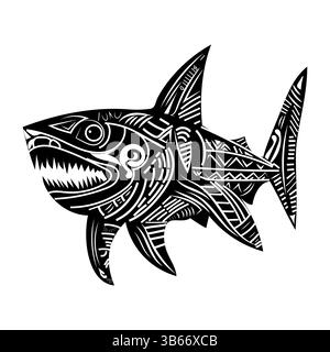 Vettore grafico astratto in stile retrò polinesiano isolato con squalo Maori Illustrazione Vettoriale